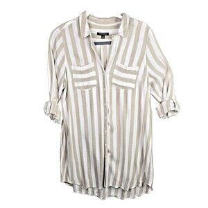 Sharagano Shirt Dress Womens 22W Taupe Ivory Button Up Pockets Stripes  Y2K